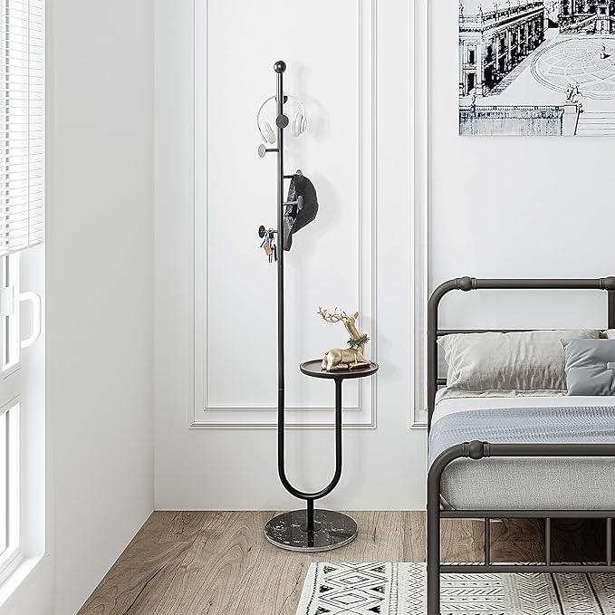 Coat Rack Freestanding with Table & 6 Hooks, Corner Coat Tree, Heavy-duty Marble Base Coat Rack Stand for Bedroom Living Room Office Entryway 13.78 x 13.78 x 68.11 Inches (Black)