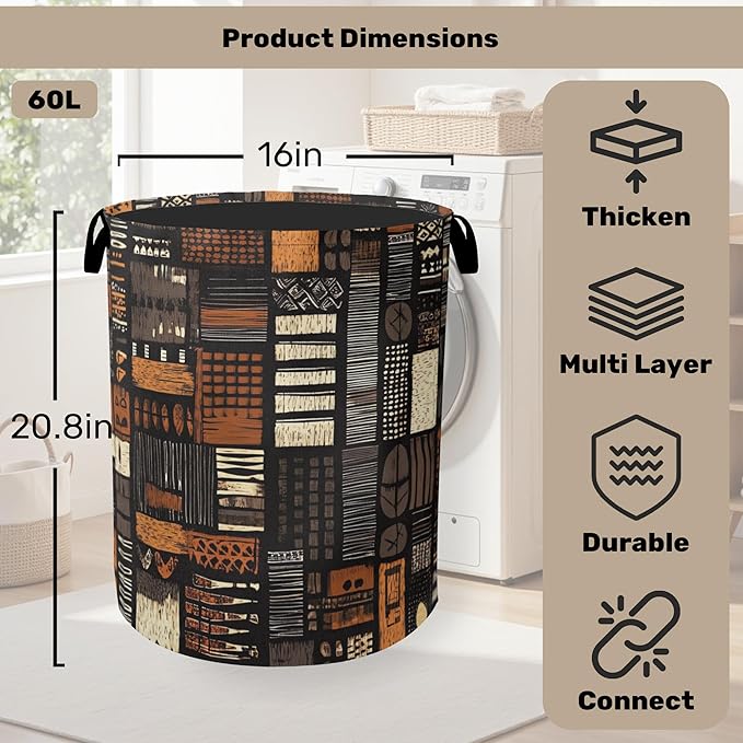African Style Brown Orange Laundry Basket - Heavy Duty 60L Dirty Clothes Organizer, Water Resistant Foldable Hamper for Men Women