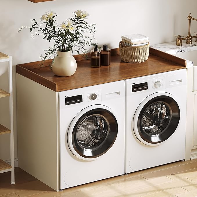 ChooChoo Washer Dryer Countertop, Laundry Room Topper for Folding Clothes and Storage, Over Machine Organizer Table, Walnut
