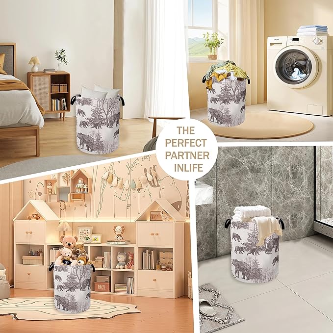 Forest Bear Laundry Hamper,Vintage Animal Clothes Hamper for Laundry,Waterproof Oxford Toy Storage Collapsible Hampers for Bedroom, Dorm Room,Bathroom,16x20 Inch