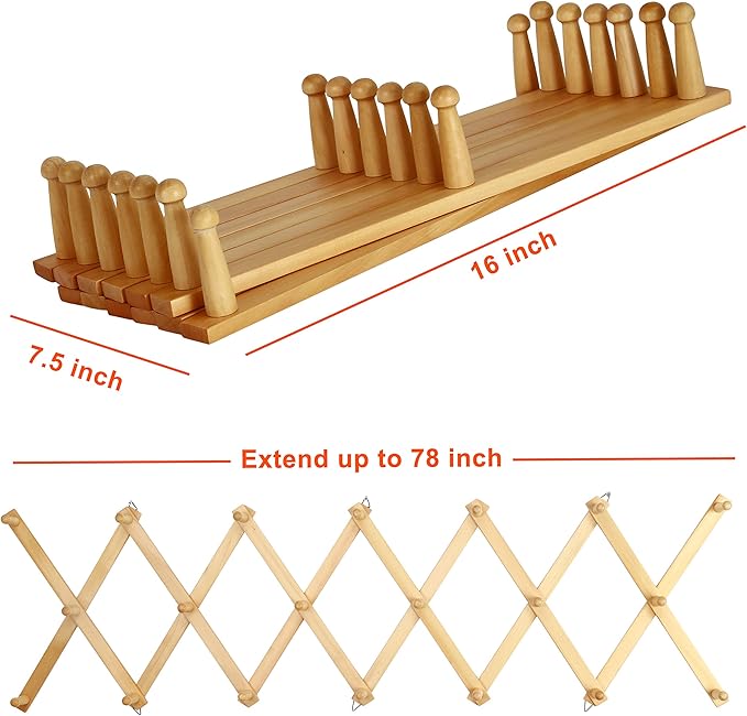 Dseap Accordian Wall Hanger: 16” High Wooden Wall Expandable Coat Rack, Hat Rack Holder, Accordion Hook for Baseball Caps, Coats, Mugs, 20 Peg Hooks, Natural