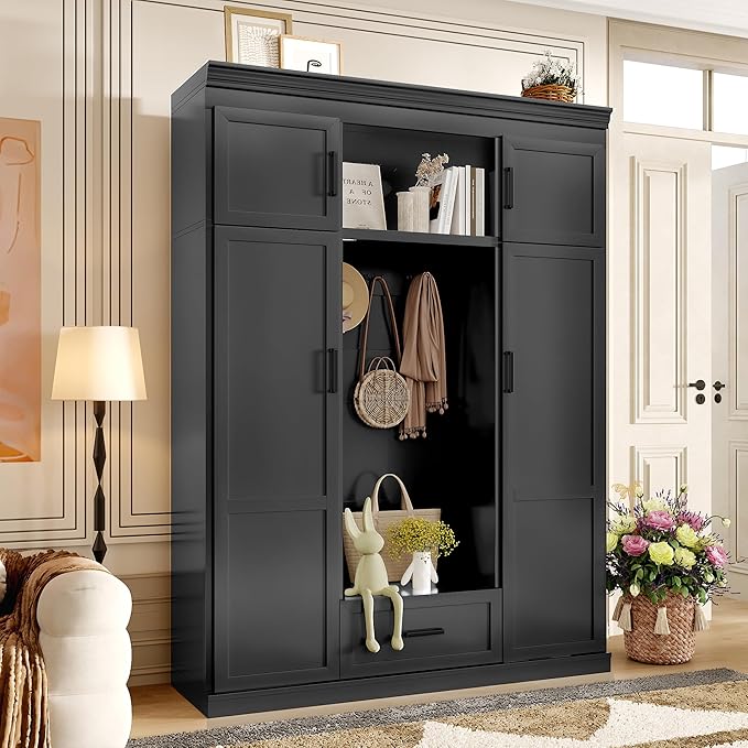 85.2''H Hall Tree with Bench and 3 Hooks, Modern Large Hall Tree with 5 Drawers and Adjustable Shelves, Entryway Storage Organizer Cabinet with 4 Doors for Hallway, Living Room (Black/509)