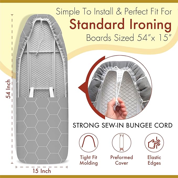 Ironing Board Cover and Pad 15x54 - Made in Germany Iron Board Cover with Heat Reflective Aluminum Coating and Padding- Heavy Duty Iron Board Cotton Cover with Elastic Drawstring Stretch Fit