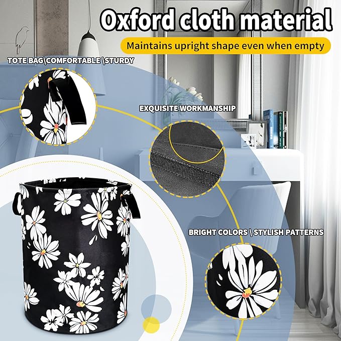 Daisy Laundry Basketwhite Yellow Flower Foldable Oxford Cloth Funny Tote Bag Laundry Hamper Clothes Storage Bucket Toy Organizer For Bathroom/Laundry Storage/Bedroom 18.9x16.5 In