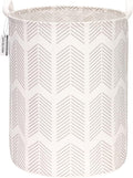 Sea Team 19.7 Inches Large Sized Waterproof Coating Ramie Cotton Fabric Folding Laundry Hamper Bucket Cylindric Burlap Canvas Storage Basket with Stylish Fishbone Grey Design