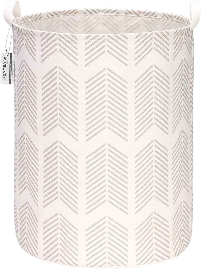 Sea Team 19.7 Inches Large Sized Waterproof Coating Ramie Cotton Fabric Folding Laundry Hamper Bucket Cylindric Burlap Canvas Storage Basket with Stylish Fishbone Grey Design