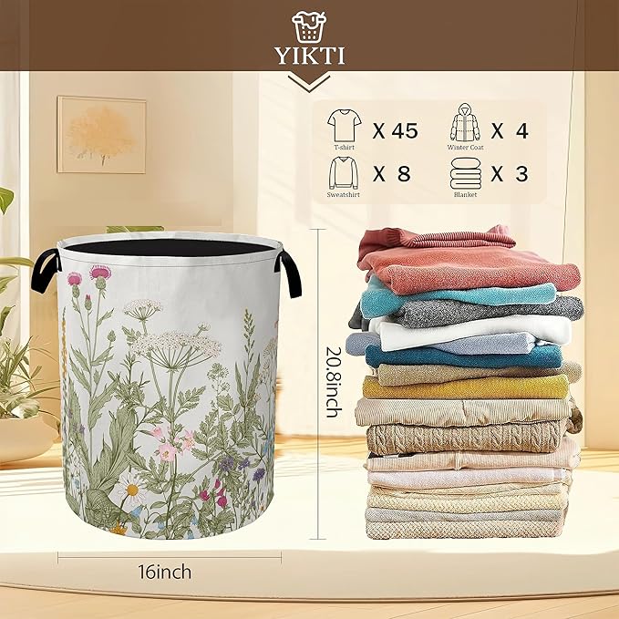 Laundry Hamper,Rustic Wild Flowers Laundry Basket,Spring Floral Portable Collapsible Laundry Room Organization Storage for Dorm Room,Nursery,Bathroom,Bedroom,16x20 Inch