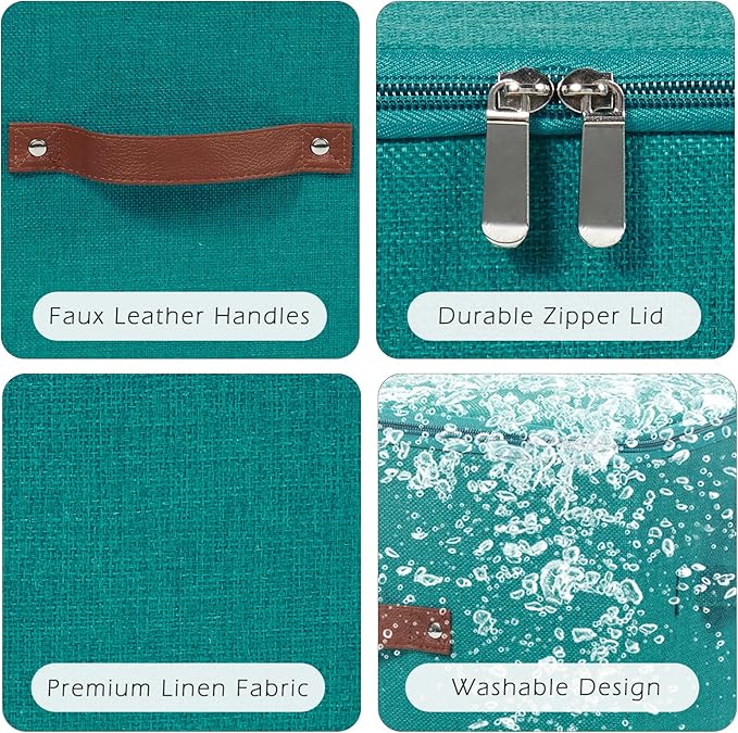Storage Bins with Zipper Lid Cotton Linen Fabric Lidded Storage Baskets Boxes Foldable Washable Closet Shelf Clothes Organizer Container with PU Leather Handles (Teal Blue, Large)