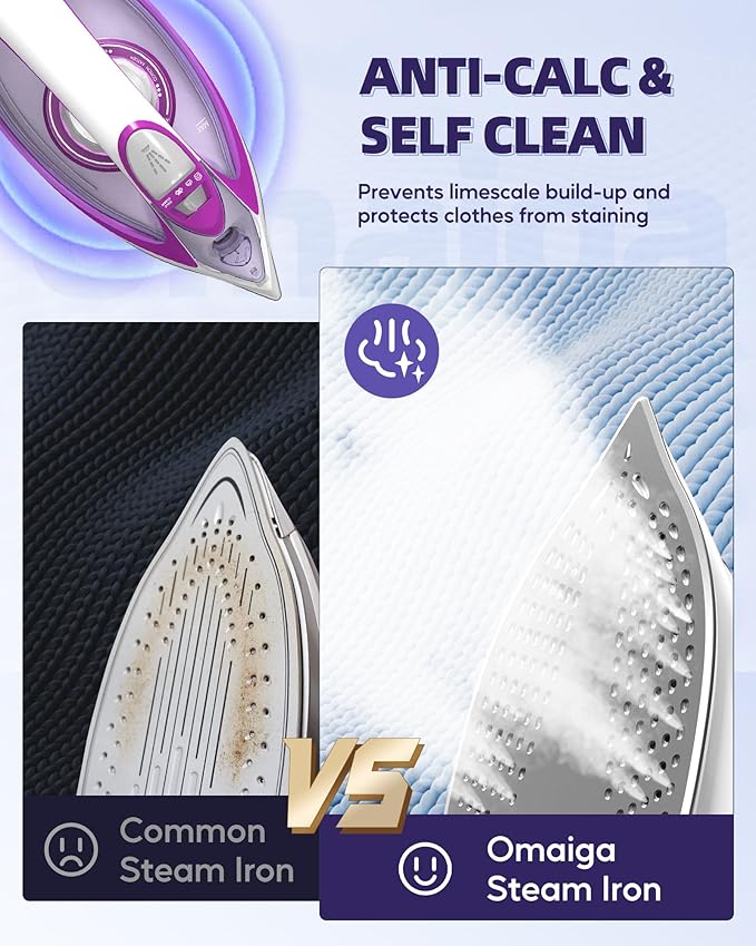1750W Steam Iron for Clothes, Powerful Steam Iron with Rapid Heating & Ceramic Soleplate, Self-Cleaning, Auto Shut Off, Large Water Tank for Home Use