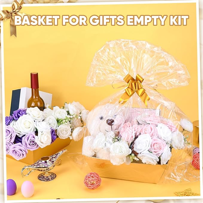 AFOROEOA 10PACK Gold Baskets For Gifts Empty, 10x12” Thick Gift Basket with 10 Bows 10 Bags Empty Gift Baskets for Christmas, Valentine’s Day, Easter, Birthdays, Valentine’s Day Wrapping Gift