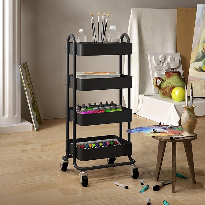 Metal 4-Tier Rolling Cart with Handle,Multifunction 4-Tier Rolling Cart Metal with Wheels,Kitchen Storage Carts Suitable for Office,Home,Kitchen,Garden（13.4"x18.1"x40"） Black