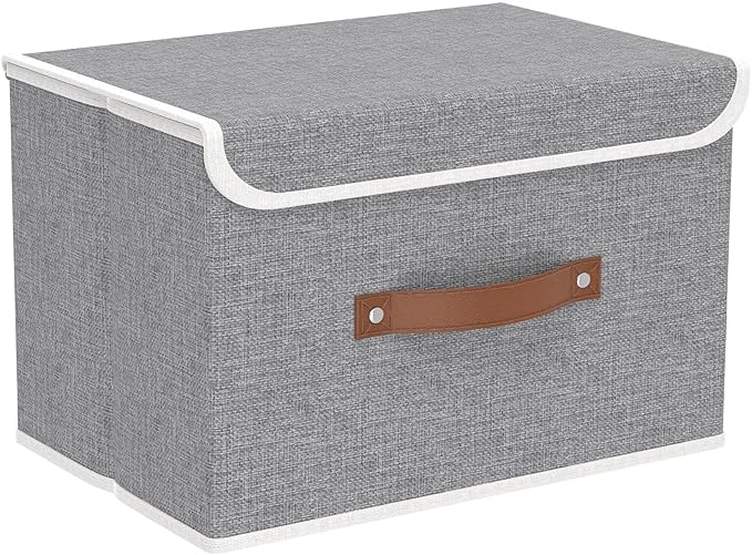 Yawinhe Storage Bins with Lids, Closet Baskets, Washable and Leather Handle, Collapsible Boxes for Home, Grey, 17.7''Lx11.8''Wx11.8''H, 1-Pack, USNK024GX-1