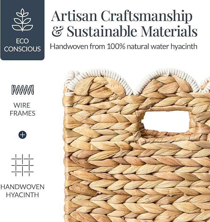Best Choice Products 13 x 13in Scalloped Hyacinth Baskets, Rustic Set Of 5 Multipurpose Collapsible Storage Organizer, Handwoven Laundry Totes for Bedroom, Living Room, Shelves - Natural w/White Trim
