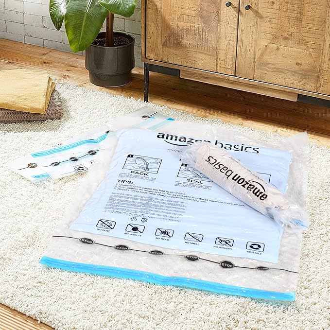 Amazon Basics Roll-Up Travel Compression Storage Bags for Clothes and Towels, No Vacuum Needed, Clear, 12 Count (6 Small & 6 Medium) (Pack of 10)