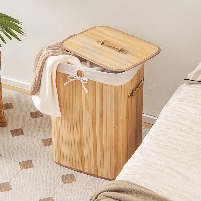 Giantex Bamboo Laundry Hamper with Lid, 72L Large & Tall Clothes Hamper with Removable Liner & Handles, Rectangular Laundry Basket for Small Spaces, Laundry Room, Bedroom (Natural)