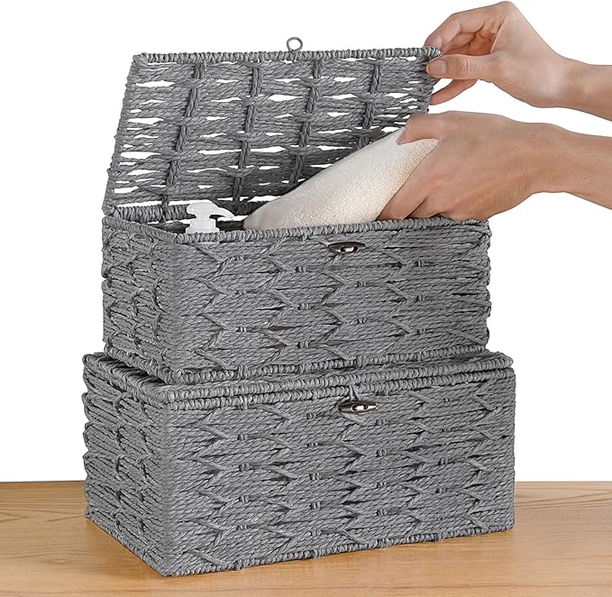 Mkono Storage Baskets Bin with Lid Decorative Paper Rope Handwoven Basket Organizer for Shelves Wardrobe Toilet Tank Top, Rectangular Wicker Home Decor Box for Bedroom Living Room, Set of 2, Grey