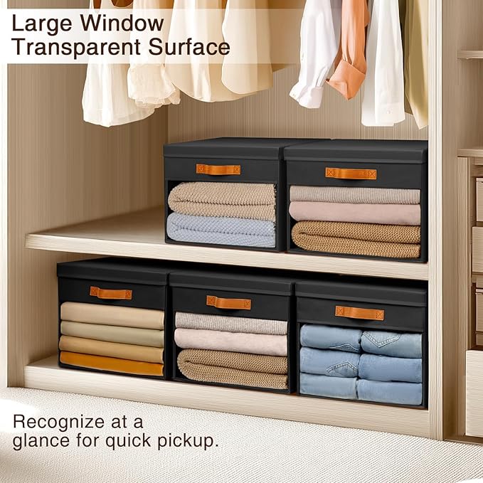 Large Storage Bins with Lids - 4 Pack Foldable Decorative Organizers with Clear Windows & Handles, Cube Storage Organizers for Clothes, Blankets, Sweaters, Sheets, Black
