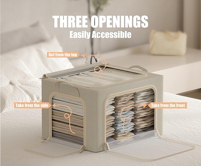 3 Openings Clothes Storage Bins with Metal Frame, Foldable Storage Bin for Clothes, Clothing Storage Bins with Lid, Linen Storage Box With Clear Window＆ Zippers＆ Durable Handles.(3 Pcs,Beige,40L)