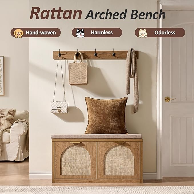 Rattan Narrow Entryway Bench with Shoe Storage, 2 Flip Drawers & Coat Rack, Mid-Century Modern Wood Shoe Cabinet with Seat Cushion for Foyer/Hallway (Rustic Oak Rattan)