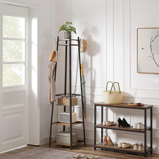 VECELO Coat Rack Freestanding, Entryway Clothes Stand with Metal Basket and 2 Shelves, Upgrade Hall Trees with 8 Dual Hooks for Bags, Hats, and Umbrellas, Industrial Styles, Vintage Brown+ Black