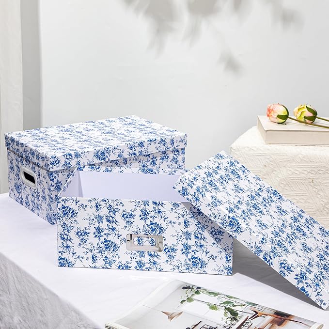 Briful Set of 2 Blue and White Porcelain-Style Storage Boxes with Lids – Elegant Floral Nesting Organizer Bins, 14'' + 13'' Set Decorative Cardboard Gift Boxes for Home or Office Use