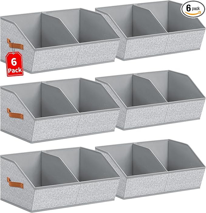 Closet Organizers and Storage Bins - 6 Pack Collapsible Divided Trapezoidal Cube Storage Bins Baskets with Orange Handle for Organizing Clothes Blankets, Toys, Books, Towels(Ant Gray)