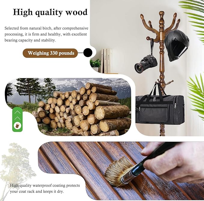 Wioao Coat Rack Stand, Solid Wooden Coat Tree with 11 Hooks, Heavy Duty Coat Rack Freestanding with Sturdy Round Base, Natural Birch Wood Coat Hanger Stand for Entryway Bedroom (brown circular)