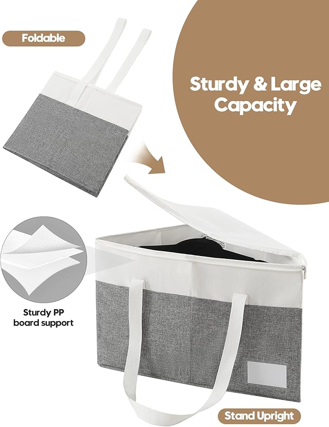 Beveetio 2-Pack Rigid Hanger Organizer Bags with Lid, Triangle Hanger Storage Organizers for Closet, Laundry Room, Wardrobe, Drying Rack, Dustproof Space Saving Holder, Grey & White
