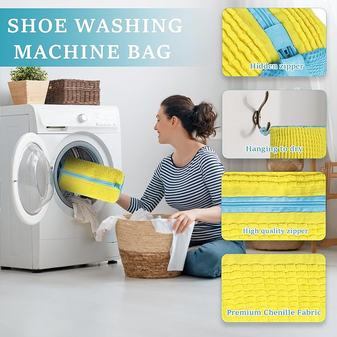 Shoe Washing Machine Bag - 2Pack Laundry Shoe Bag for Washer and Dryer, Reusable Shoe Cleaning Bag for All Shoe Sizes, 360° Deep Clean for Tennis Shoes, Sneakers, Includes 1 Brush (Yellow)