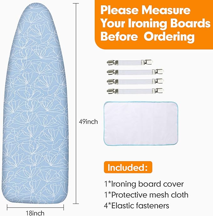 Ironing Board Cover and Pad, 18x49 Extra Wide Thick Iron Padding, Scorch & Stain Resistant Ironing board cover, Heavy Duty Iron Board Padded with Adjustable Fasteners Durable Elastic Edge, Sky Blue