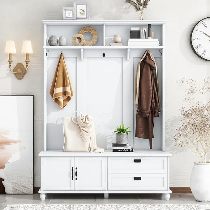 80.3" Tall Hall Tree with Storage Cabinet and 2 Large Drawers, Modern Wooden Coat Hanger with 5 Coat Hooks and 2 Open Shelfs, Storage Bench, Entryway Bench