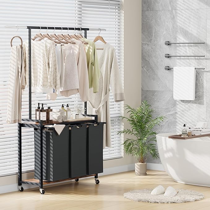 IDEALHOUSE Laundry Sorter 3 Section with Hanging Rack,Rolling Laundry Sorter Hamper with Shelf & Lockable Wheels,Laundry Basket Organizer for Laundry Room, Bedroom, Bathroom