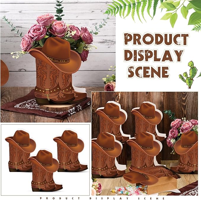 Domensi 8 set Western Cowboy Boots Flower Boxes Centerpiece Boot Shape Box Decorations Western Theme Party Boot Gift for Cowboy Cowgirl Birthday Party Baby Shower Wedding Supplies(Brown,Classic)