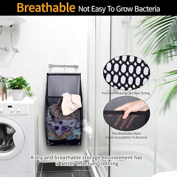 Hanging Collapsible Breathable Mesh laundry bags,Fast Drying Portable Space Saving Laundry Hamper for dorm,Rv Laundry Hamper Storage (Black)