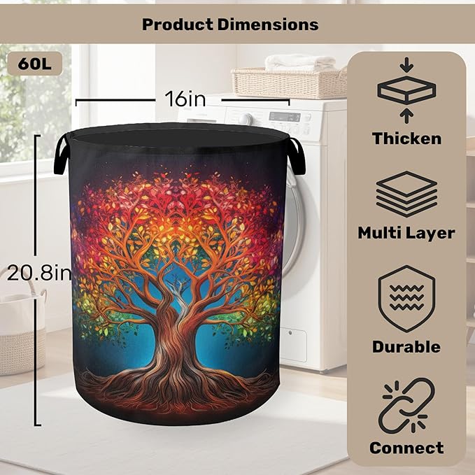Life Color Tree Laundry Basket with Handles - Extra Large Foldable Hamper for Bathroom/Laundry/Bedroom/Dorm, Washable Fabric Storage Bin