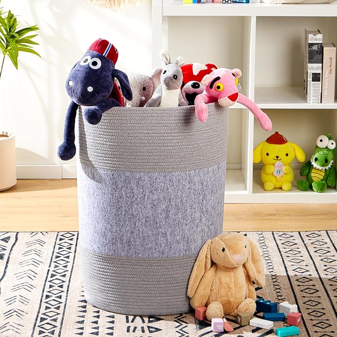 90L Jumbo Laundry Hamper,17" x 17" x 24" Extra Large Woven Laundry Basket for Blanket Storage, Tall Baby Nursery Hamper for Toys in Bedroom,Living Room Grey
