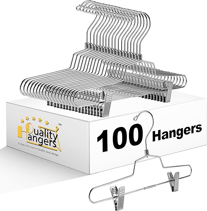Quality Metal Skirt Hangers with Clips Space Saving - Pant Hangers with Clips & 360° Swivel Hook - Anti-Rust, Heavy-Duty Stainless Steel Hangers for Shorts, Jeans, Trousers, and More (100, 14 inch)
