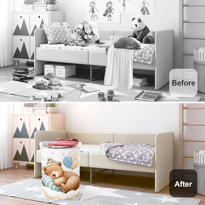 Sleeping Animals Baby Laundry Hamper Collapsible Clothes Kids Storage Basket Large Boys Girls Gift Toy Box Bin for Nursery, Bear, 63L