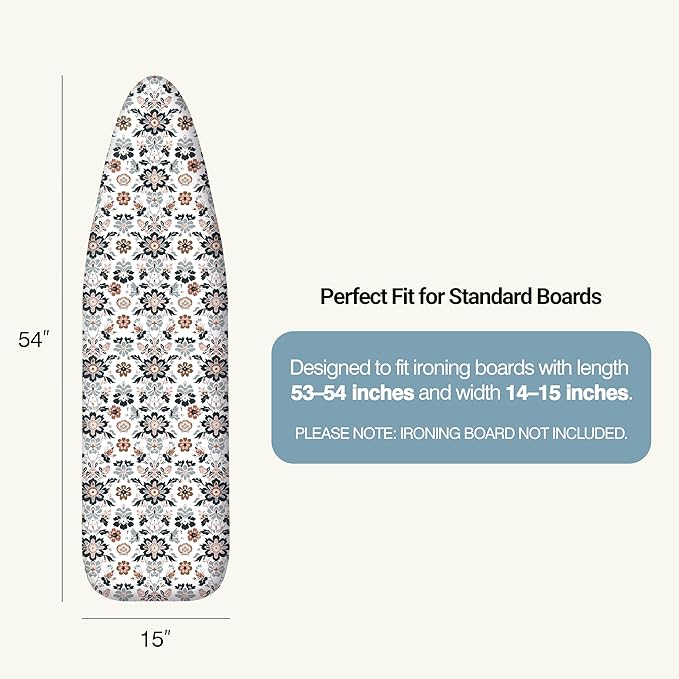 Ironing Board Cover and Pad 15"x54" Extra Thick Natural Cotton, Scorch and Stain Resistant Padding, Standard Size Iron Board Cover with Fasteners Heavy Duty Elastic Edge, Heatproof Floral