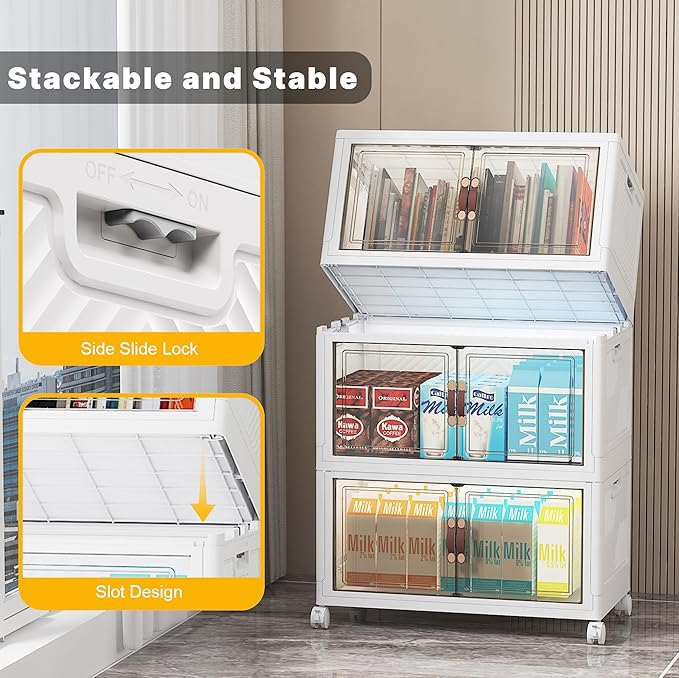 Extra Large Stackable Storage Bins, Lockable Storage Bins with Lids, Folding Storage box with Doors and Wheels, Collapsible Plastic Drawers for Home, Garage, Office (6, White, Medium)