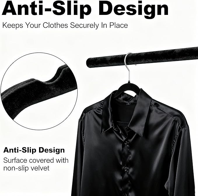 Velvet Hangers 50 Pack, Non Slip Clothes Hanger Felt Hanger with Pants Bar, Premium Quality Slim Space Saving Suit Hangers for Closet Organizer, Heavy Duty Coat Hanger, 360° Rotating Hook(Black)