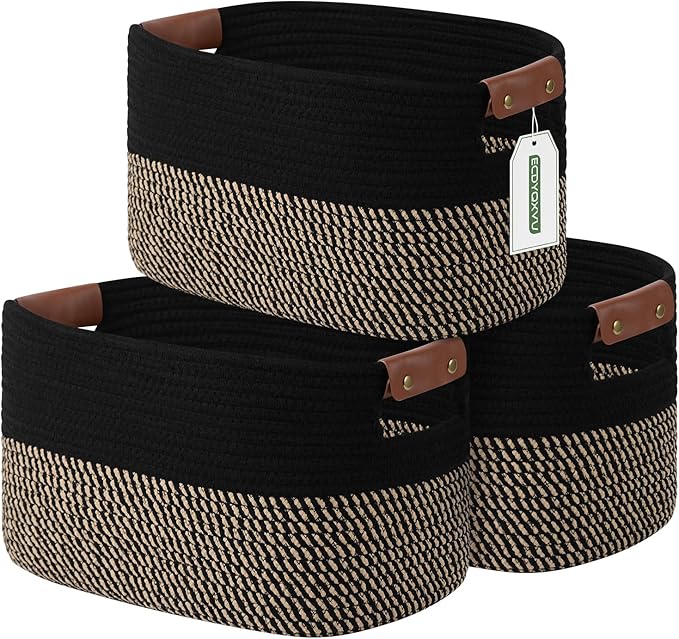 Cotton Rope Basket, Storage Baskets with Handle, 15x10x9 Inch Woven Basket for Shelves, Laundry, Towels, Clothes, Books, (Black Brown 3 Pack)