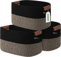 Cotton Rope Basket, Storage Baskets with Handle, 15x10x9 Inch Woven Basket for Shelves, Laundry, Towels, Clothes, Books, (Black Brown 3 Pack)