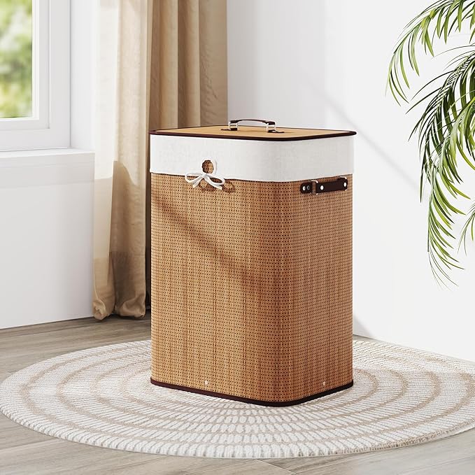 Giantex Bamboo Laundry Hamper with Lid, 72L Large & Tall Clothes Hamper with Removable Liner & Handles, Rectangular Laundry Basket for Small Spaces, Laundry Room, Bedroom