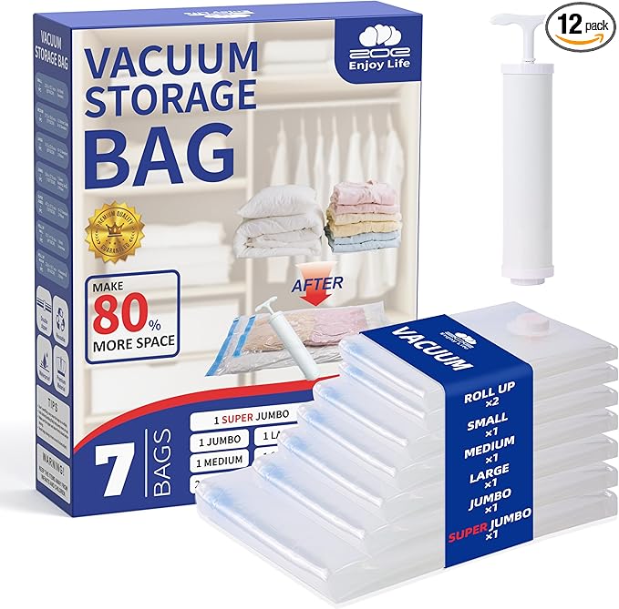 7 Pack Vacuum Storage Bags with Pump, 2 Roll-Up 1 Small 1 Medium 1 Large 1 Jumbo 1 Super Jumbo, Heavy Duty PA+PE, Reusable Vacuum Seal Bags for Clothing, Travel & Home Storage