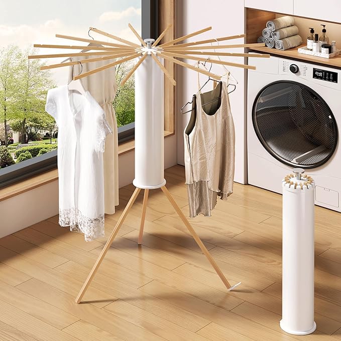 Foldable Tripod Clothes Drying Rack,Beechwood & Portable Laundry Stand, Space-Saving Collapsible Hanger with 16 Arms for Indoor & Outdoor Drying – Easy Setup, Stable Base, Fast Air-Drying Design