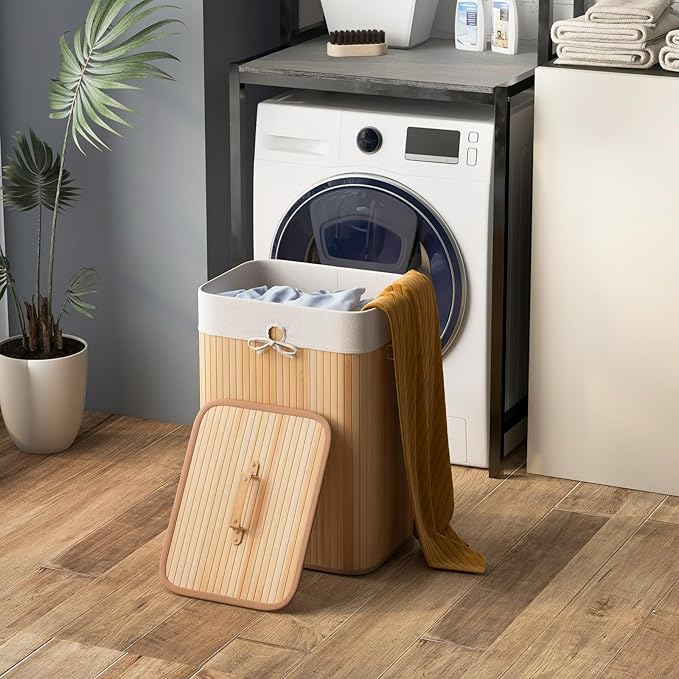 Giantex Bamboo Laundry Hamper with Lid, 72L Large & Tall Clothes Hamper with Removable Liner & Handles, Rectangular Laundry Basket for Small Spaces, Laundry Room, Bedroom (Natural)