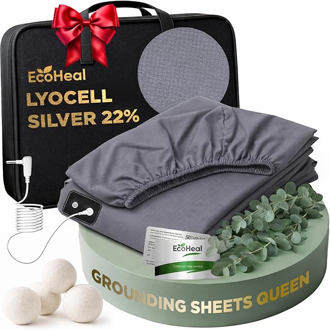 Luxury Lyocell Grounding Sheets Queen 22% Silver Fiber, 74% Cooling Lyocell, 4% Silk, Quality Certified - Conductive Earth Fitted Sheet 15" Deep w/Wash Bag & Wool Dryer Balls, Gray