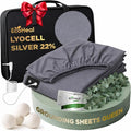 Luxury Lyocell Grounding Sheets Queen 22% Silver Fiber, 74% Cooling Lyocell, 4% Silk, Quality Certified - Conductive Earth Fitted Sheet 15" Deep w/Wash Bag & Wool Dryer Balls, Gray
