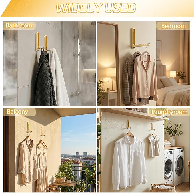 2 Pcs Folding Coat Hooks, 4.33 in Gold Extended Foldable Wall Hooks Heavy Duty Valet RV Hooks Bathroom Towel Hooks Robe Hooks Wall Mounted for Hanging Towels Clothes Coat Hat Bags